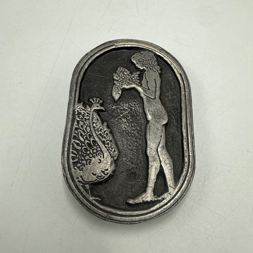 Indiana Metal Craft Aubrey Beardsley Peacock Belt Buckle AB-9 Pewter Tone Vtg